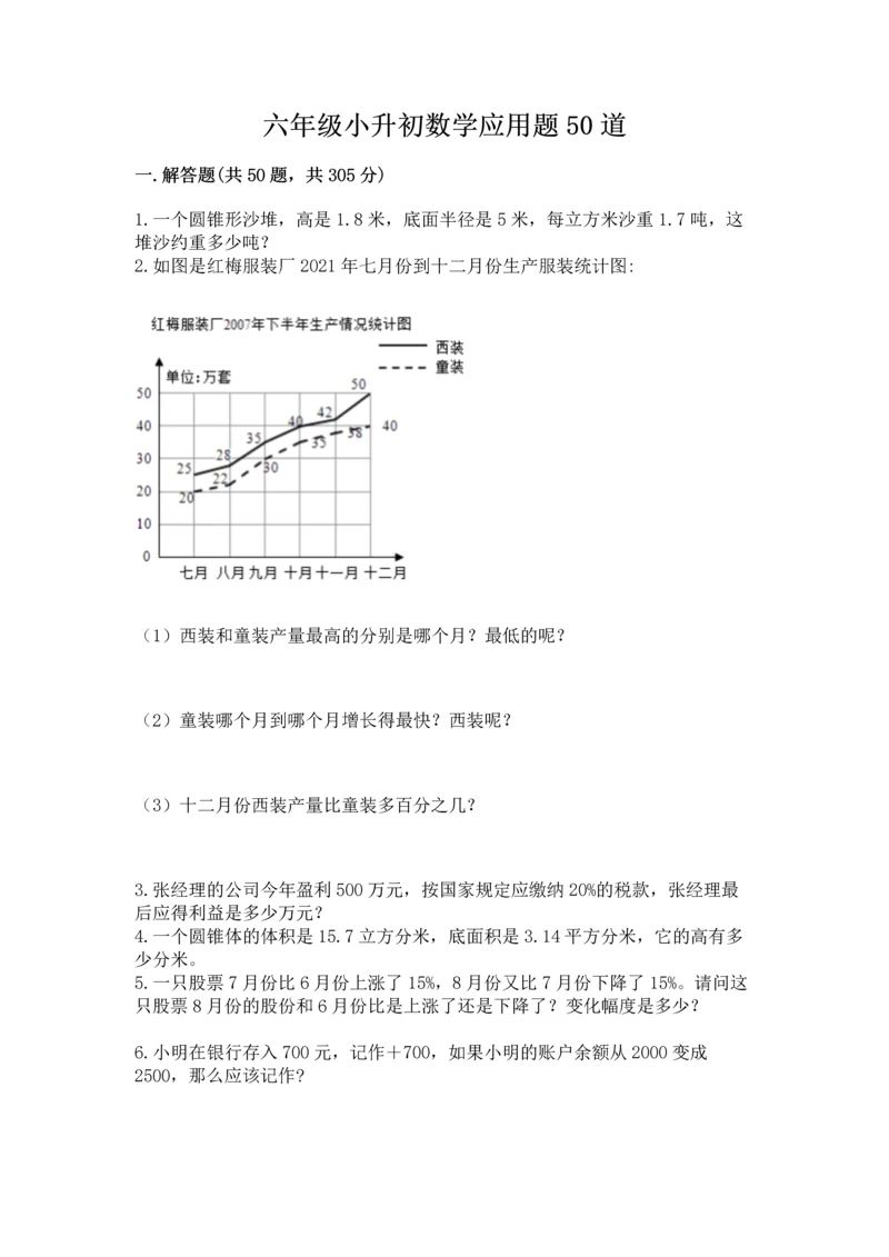 六年级小升初数学应用题50道及参考答案（典型题）.docx