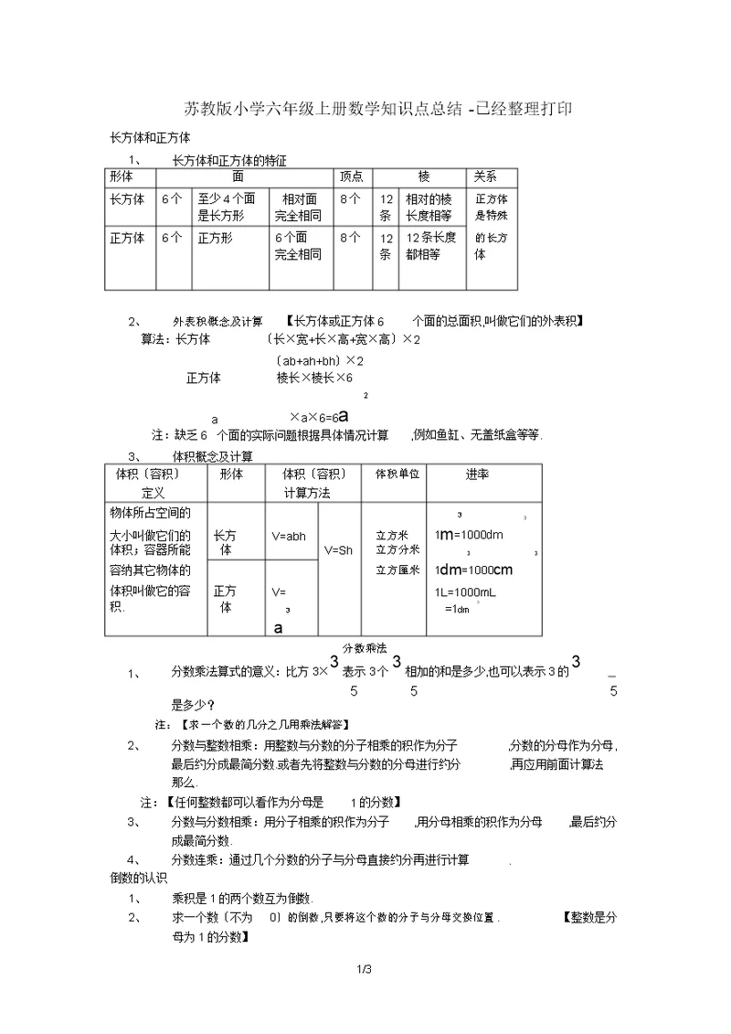 苏教版六年级上册数学知识点总结已经打印