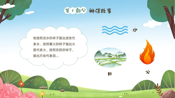 绿色清新卡通儿童中国古代神话故事仓颉造字故事解说PPTz