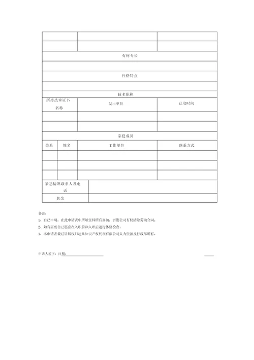 入职表格入职申请表