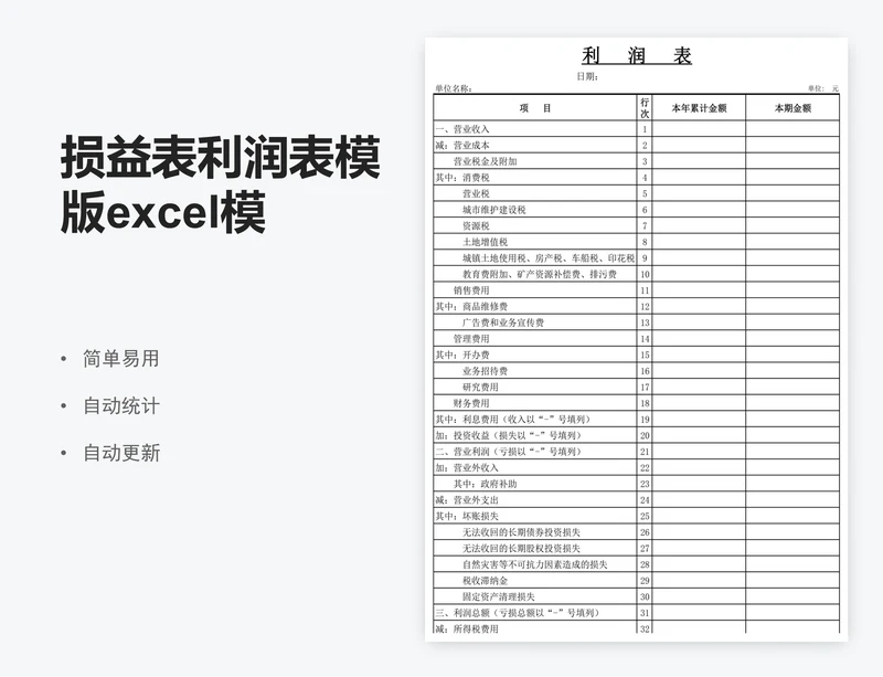 损益表利润表模版excel模版