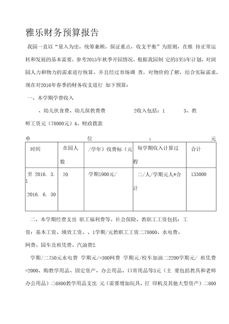 雅乐幼儿园财务预算报告