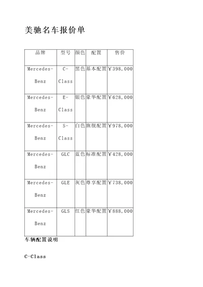 美驰名车报价单