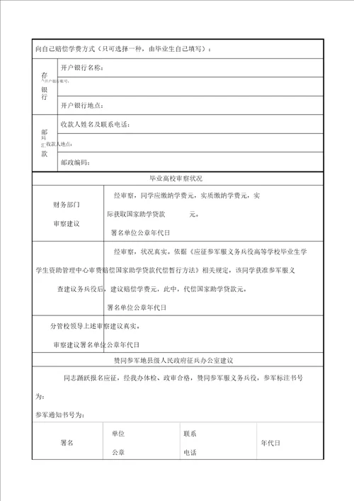 应届毕业生预征对象登记表及应征入伍高校毕业生补偿学费代偿国家助学贷款申请表