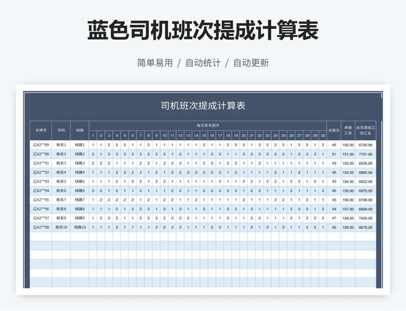 蓝色司机班次提成计算表