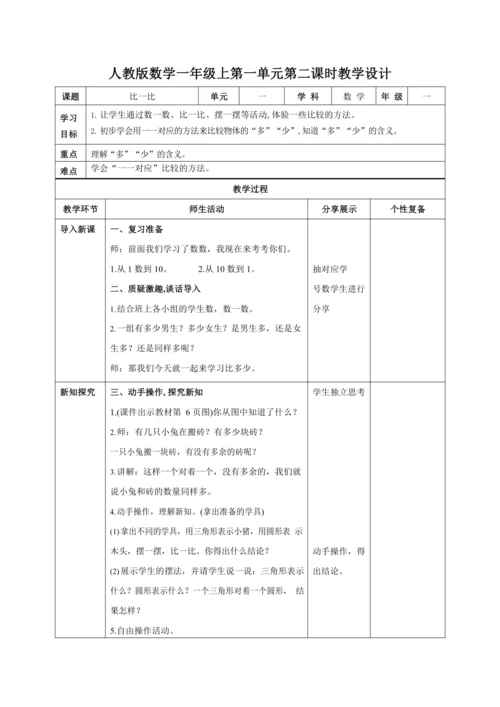 人教版一上 第一单元第二课时《比一比》教学设计