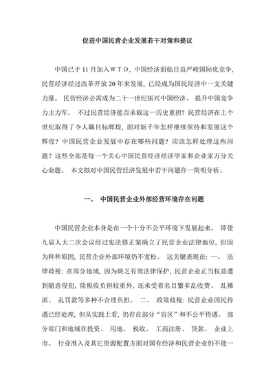 促进中国民营企业发展若干对策和提议