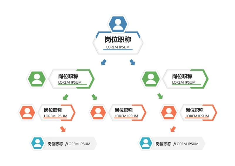组织架构-彩色复合六边形竖版组织结构图word模板
