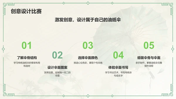 绿色水墨风油纸伞传统工艺知识普及PPT模板