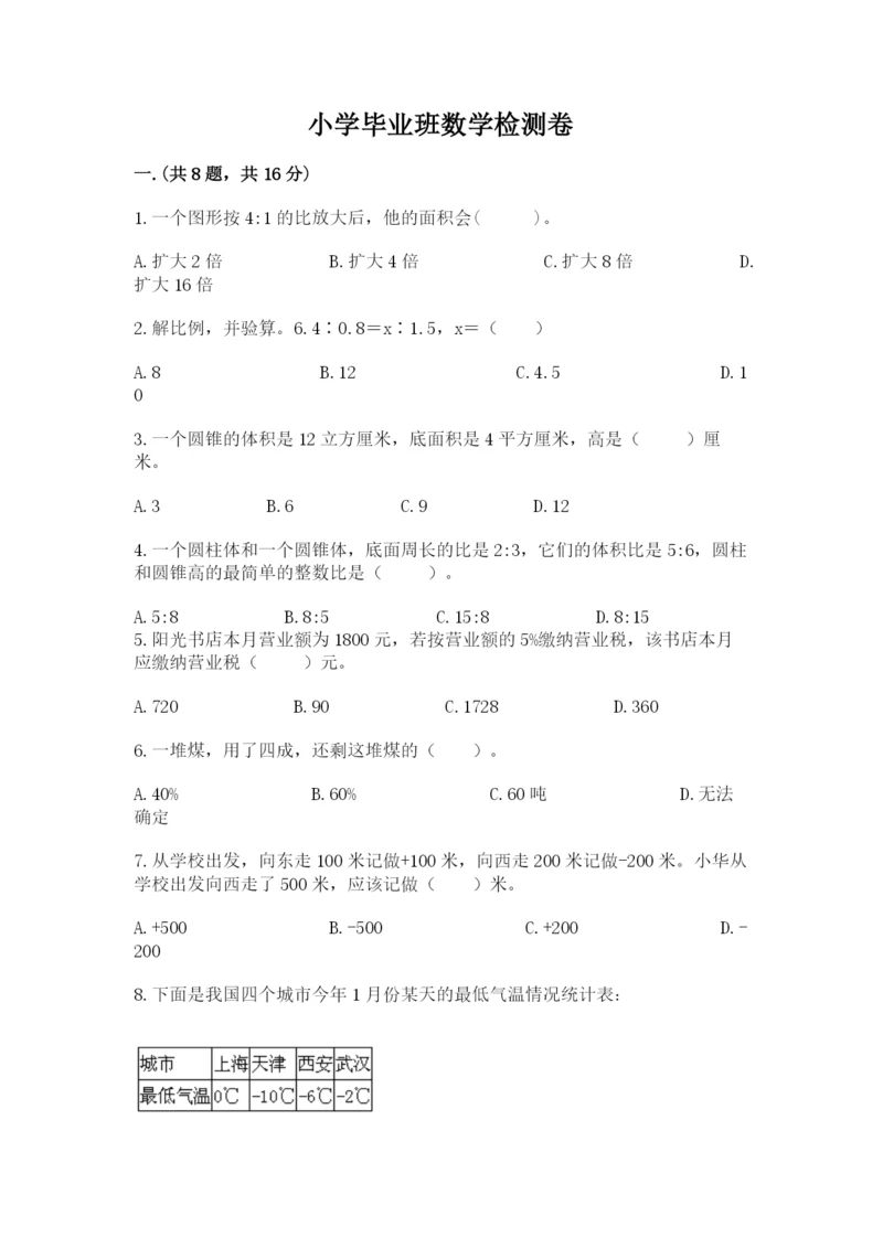 小学毕业班数学检测卷及完整答案.docx