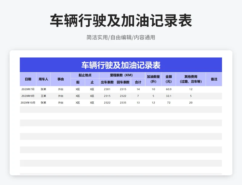 简约风车辆行驶及加油记录表