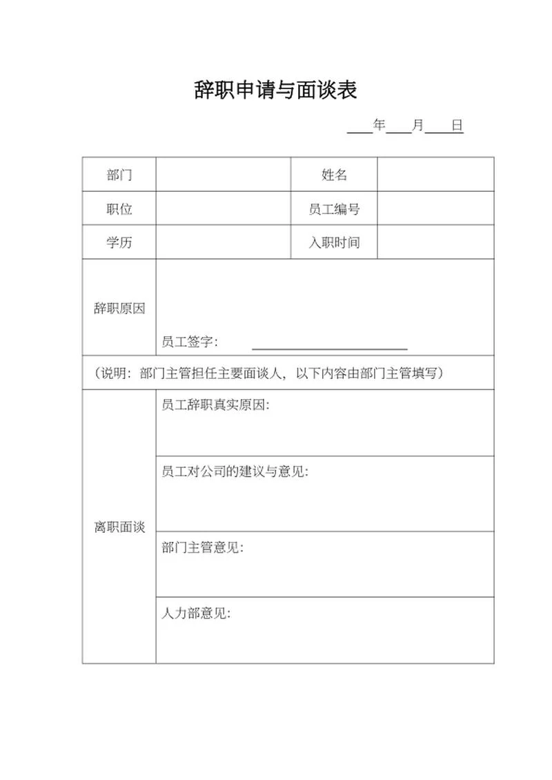 辞职申请面谈表word模板