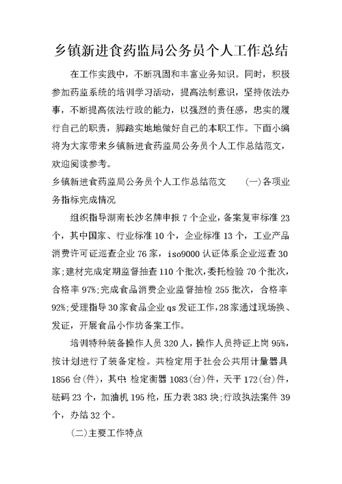 乡镇新进食药监局公务员个人工作总结