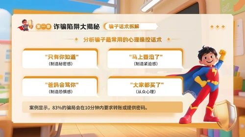 橙色3D卡通风反诈主题班会PPT模板