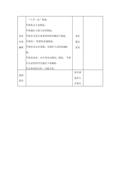 2018年小学防溺水家访记录表