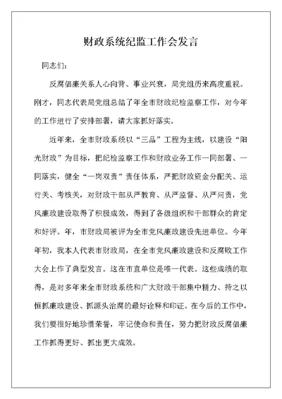 财政系统纪监工作会发言