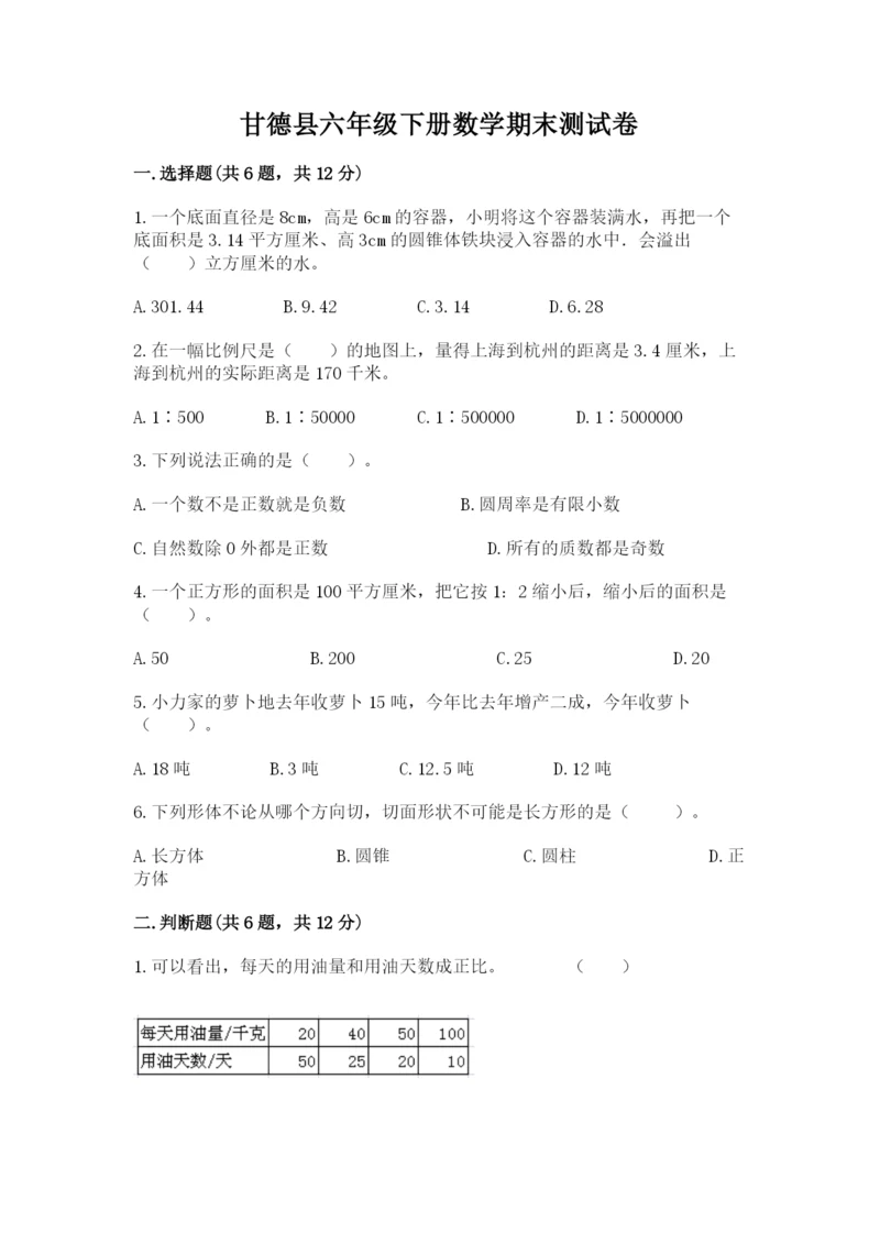 甘德县六年级下册数学期末测试卷（精品）.docx