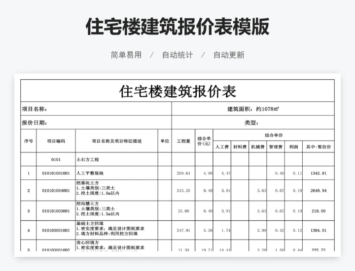 住宅楼建筑报价表模版