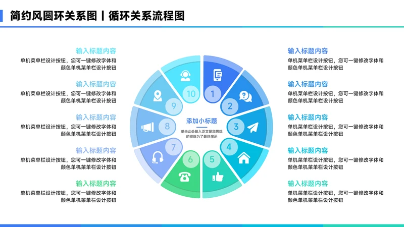 蓝色简约风10项圆环关系图PPT