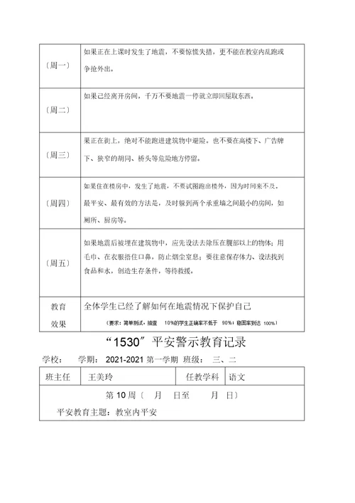 小学1530安全教育记录表格式