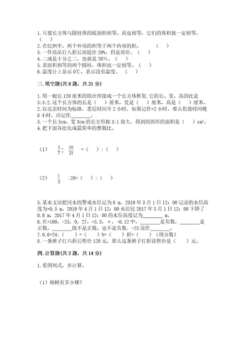 玉树县六年级下册数学期末测试卷加精品答案