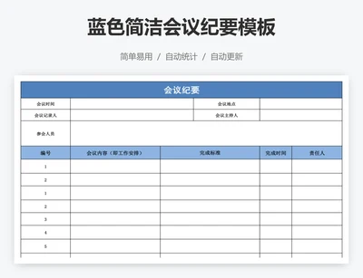 蓝色简洁会议纪要模板