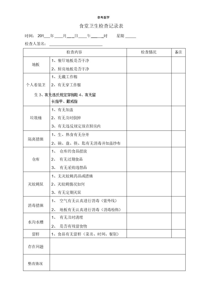 食堂卫生检查记录表