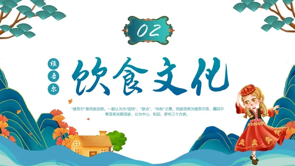 蓝绿色插画维吾尔族少数民族介绍学生PPT