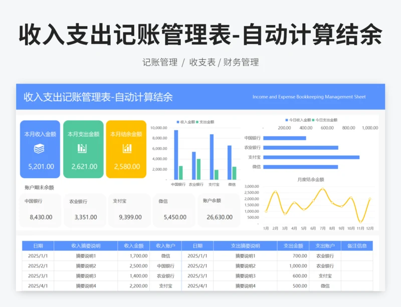 收入支出记账管理表-自动计算结余