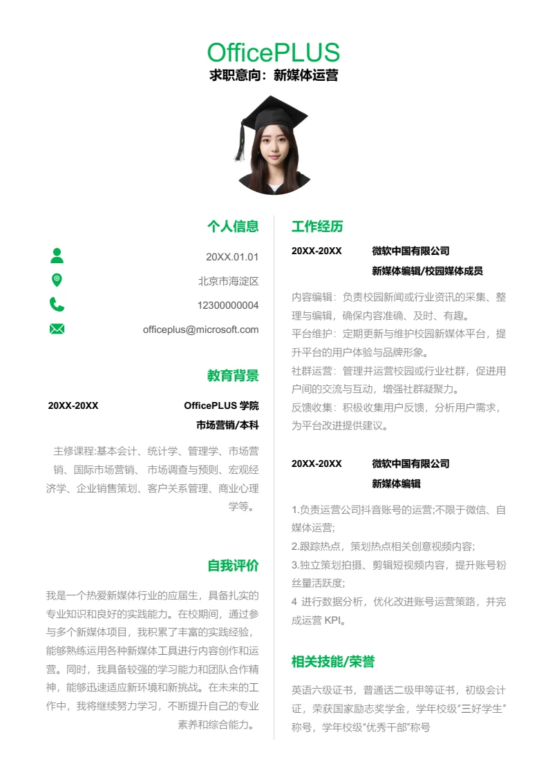 绿色简约新媒体运营简历模板