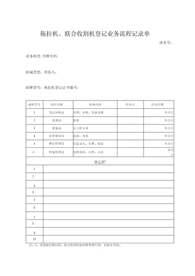 拖拉机、联合收割机登记业务流程记录单