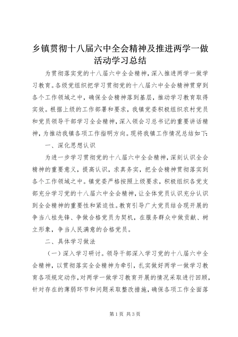 乡镇贯彻十八届六中全会精神及推进两学一做活动学习总结.docx