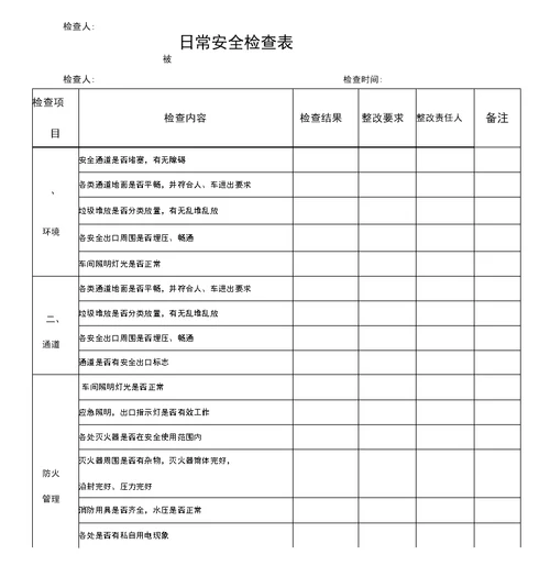 公司日常安全检查表