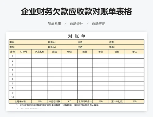 企业财务欠款应收款对账单表格模版