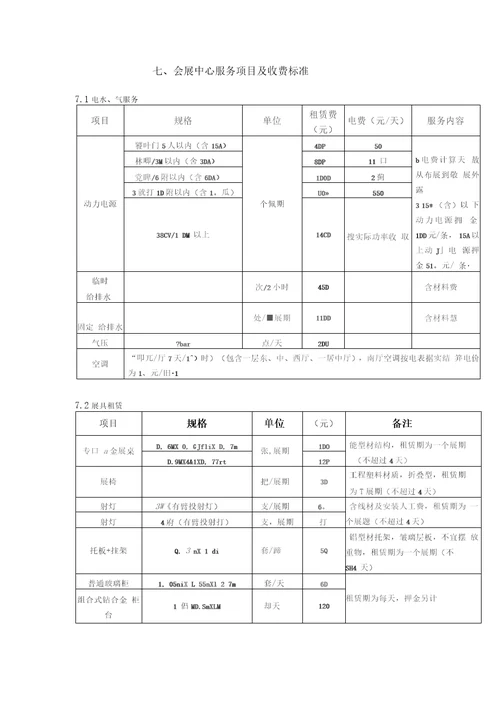 会展中心服务项目及收费标准