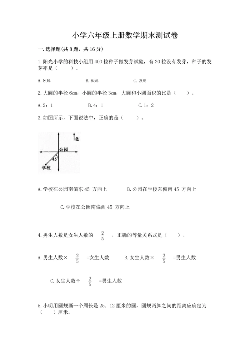 小学六年级上册数学期末测试卷（综合题）word版.docx