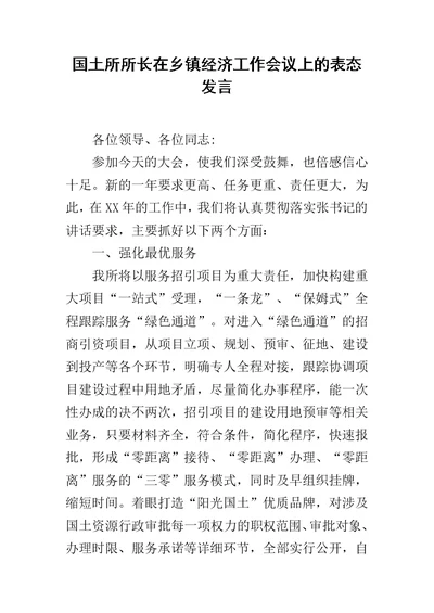 国土所所长在乡镇经济工作会议上的表态发言