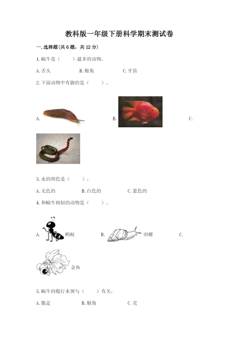 教科版一年级下册科学期末测试卷含完整答案（全国通用）.docx