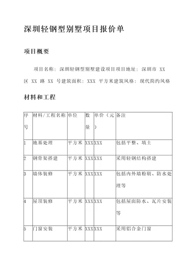 深圳轻钢型别墅项目报价单