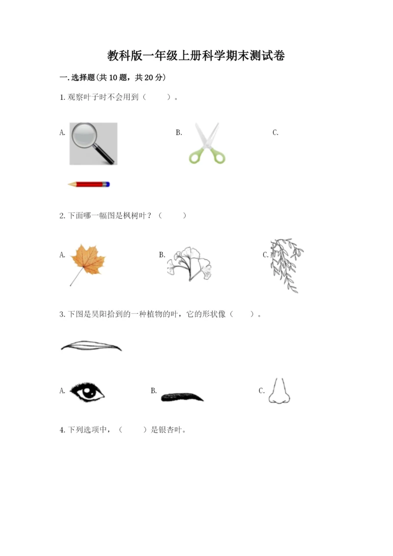 教科版一年级上册科学期末测试卷a4版可打印.docx