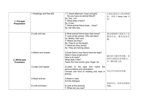 牛津译林版5A Unit3 Our animal friends单元整体表格式教学设计（四课时）