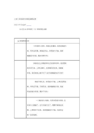 小学二年级语文学困生辅导记录