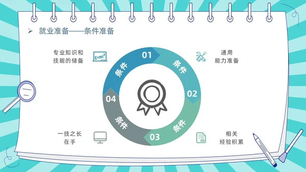 蓝色卡通插画风线条放射大学生就业指导指南PPT模板