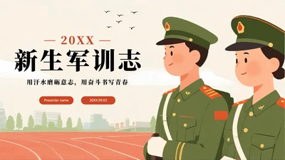 扁平手绘卡通风新学期新生军训记录PPT模板