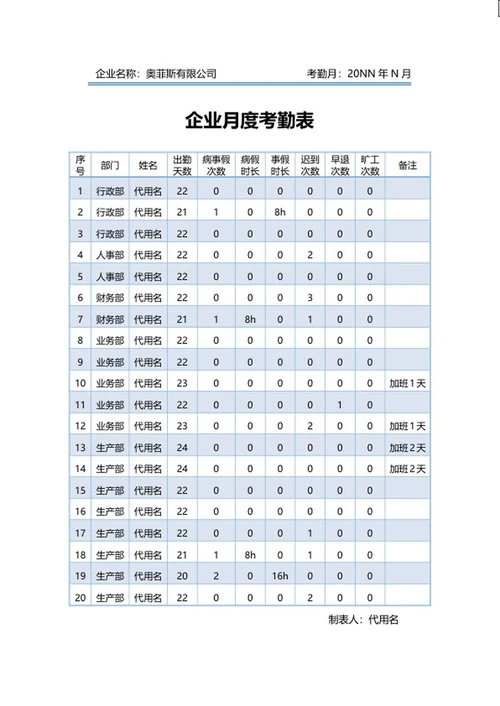 蓝色企业员工月度考勤表word模板