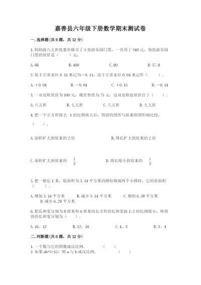 嘉善县六年级下册数学期末测试卷1套.docx