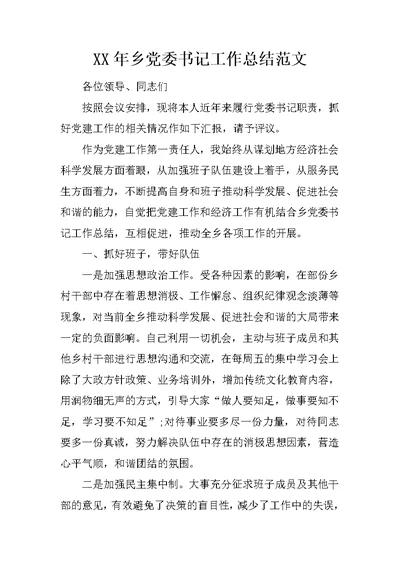 XX年乡党委书记工作总结范文