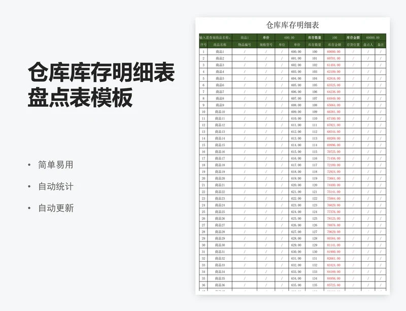 仓库库存明细表盘点表模板