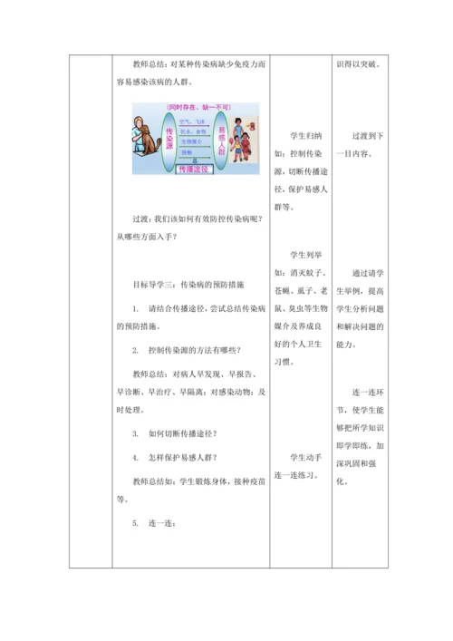 人教版八年级生物下册第八单元第一章第一节传染病及其预防教案（表格式）