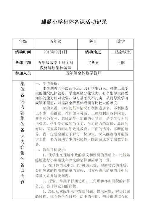 小学数学集体备课活动记录